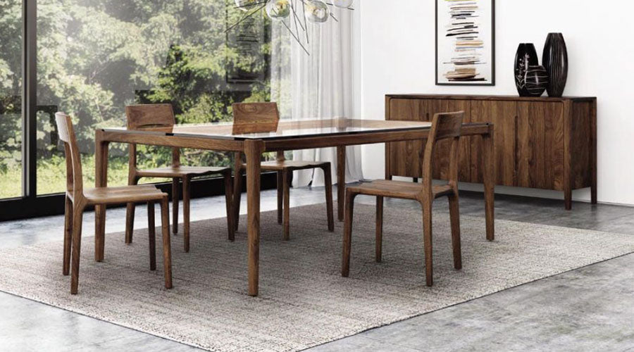 Lisse Glass Top Table by Copeland Furniture, showing lisse glass top table with chairs in live shot.