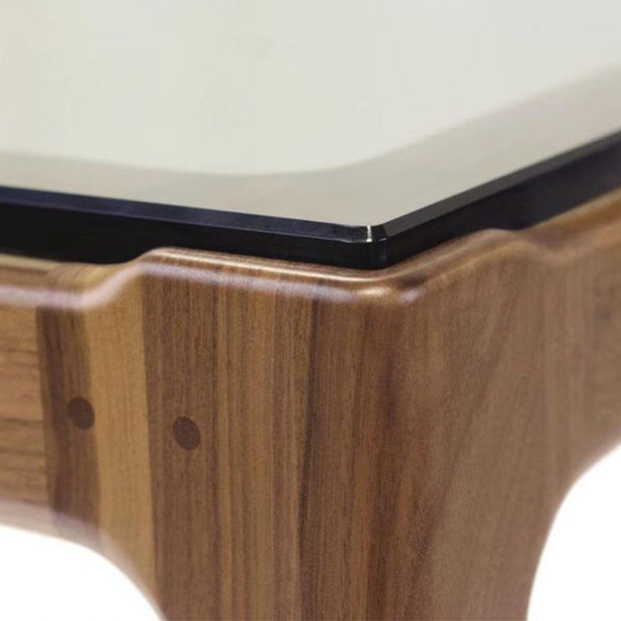 Lisse Glass Top Table by Copeland Furniture, showing closeup view of lisse glass top table.