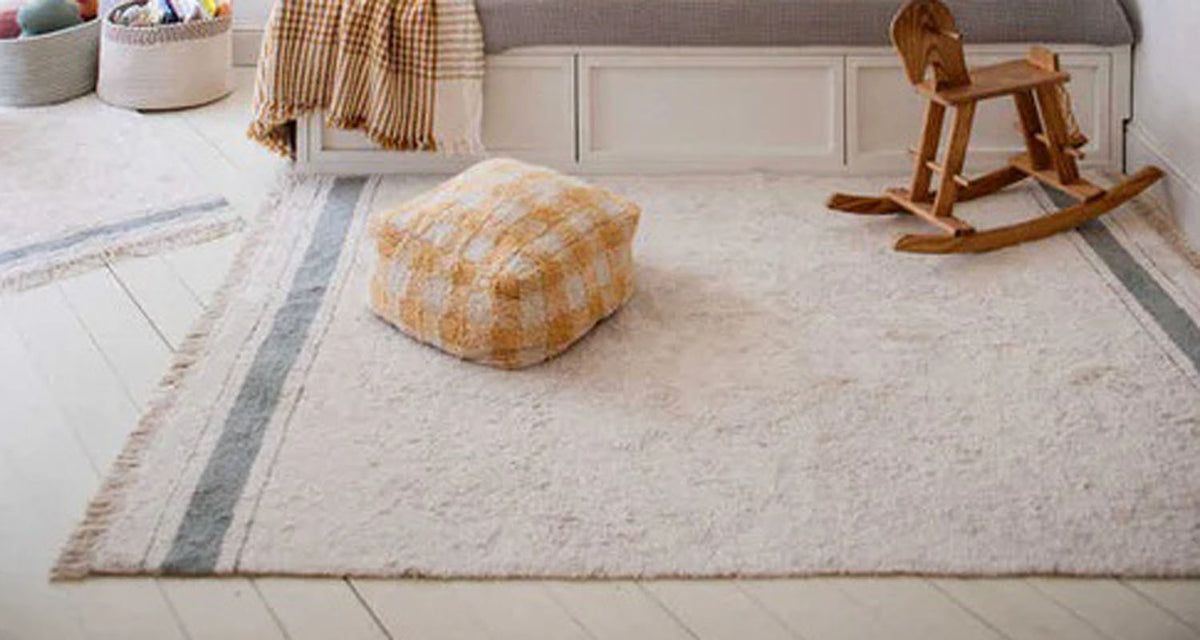 Little Chefs Vichy Pouf by Lorena Canals, showing little chefs vichy pouf in live shot.