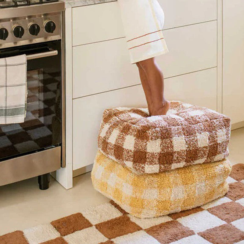 Little Chefs Vichy Pouf by Lorena Canals, showing little chefs vichy pouf in live shot.