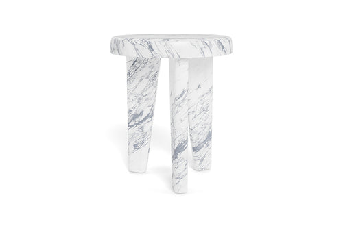 Lucca Side Table by Harbour, showing back view of lucca side table in marble arabescato.