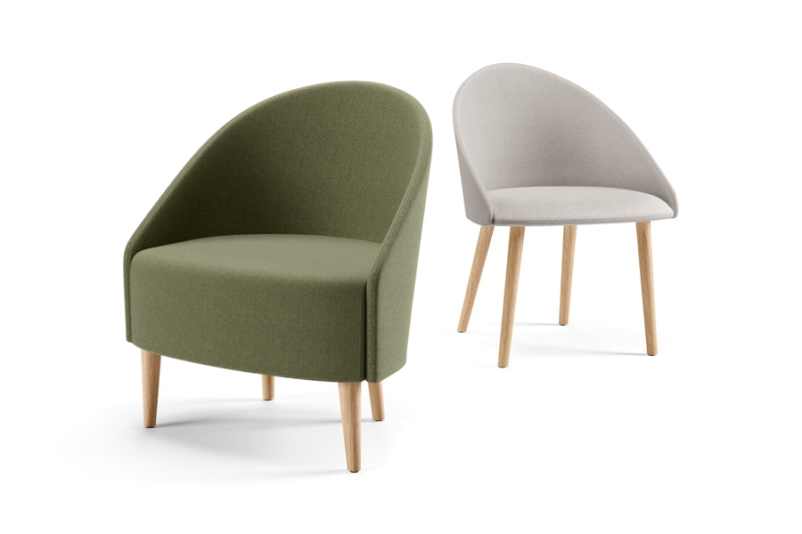 Luna Armchair by Kollektiff, showing different angle view of luna armchairs in natural varnished beech wood.