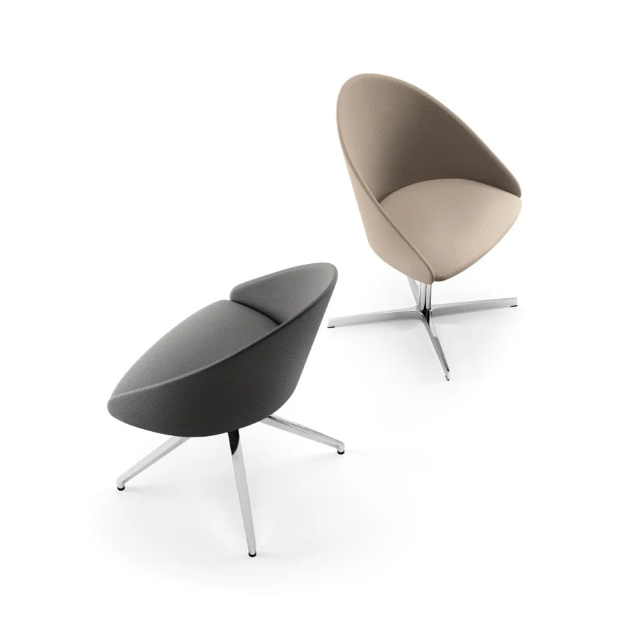 Luna Swivel Armchair by Kollektiff, showing different angle view of luna swivel armchairs in polished aluminum.