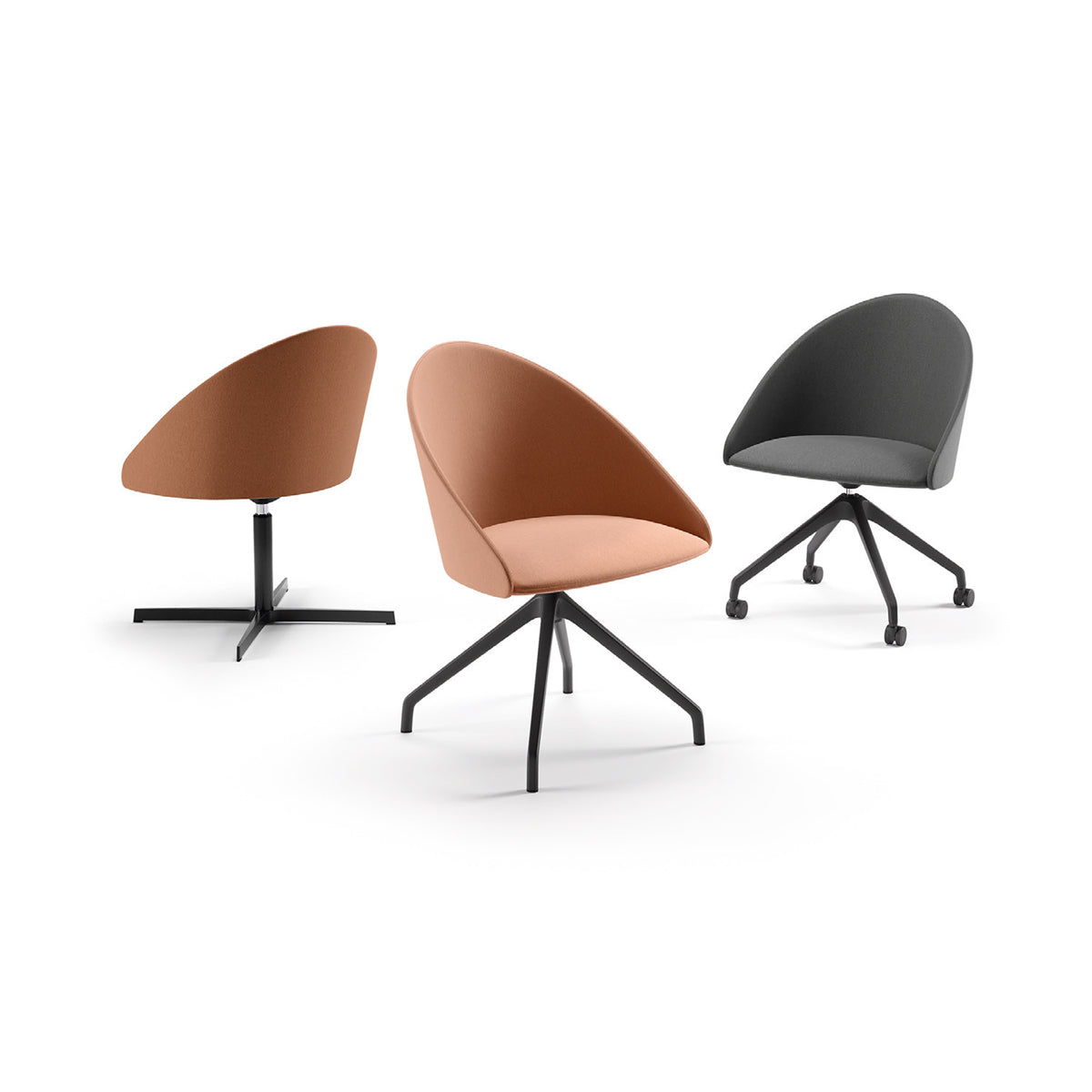 Luna Swivel Armchair by Kollektiff, showing different angle view of luna swivel armchairs in black aluminum.