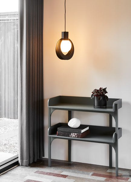 Lunar Pendant by Woud, showing lunar pendant in live shot.