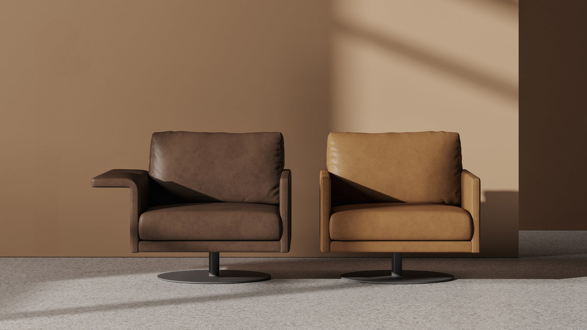 Mabel Comfort Swivel Lounge Chair by B&T, showing mabel comfort swivel lounge chairs in live shot.