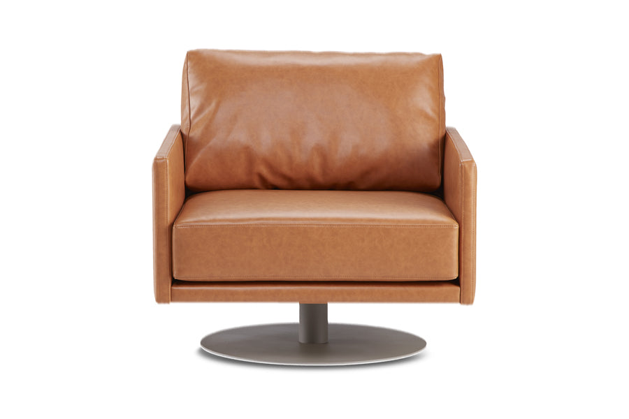 Mabel Comfort Swivel Lounge Chair by B&T, showing front view of mabel comfort swivel lounge chair in 2 straight armrests/com/col group/metal group.