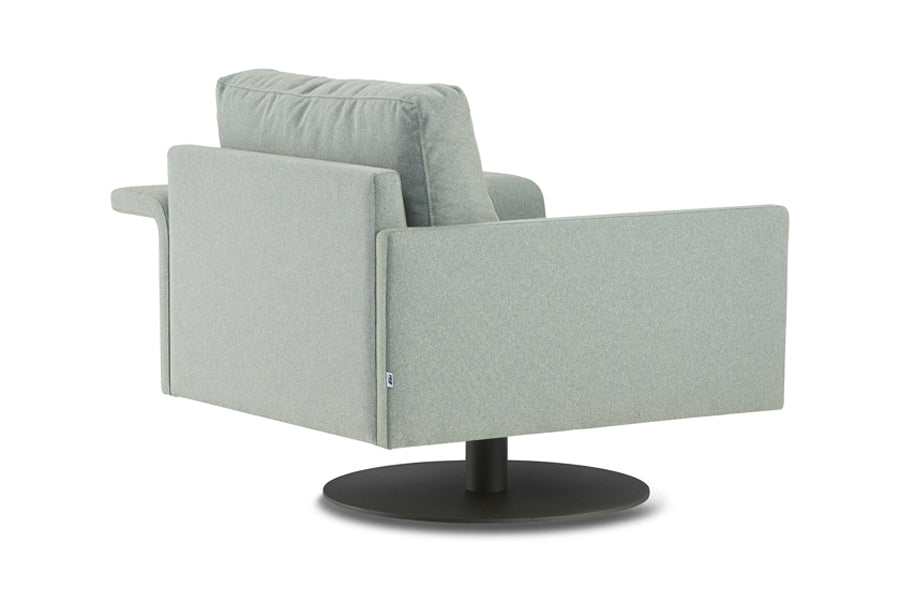 Mabel Comfort Swivel Lounge Chair by B&T, showing side view of mabel comfort swivel lounge chair in 1 curved armrest (right)/com/col group/metal group.