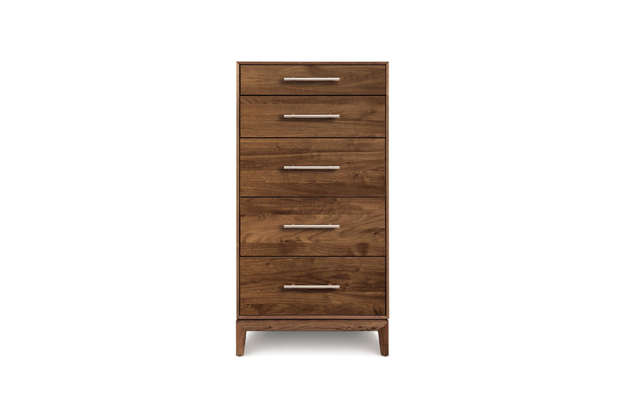 Mansfield Bedroom Collection by Copeland Furniture, showing front view of mansfield bedroom collection in 5 drawer narrow chest/natural walnut.