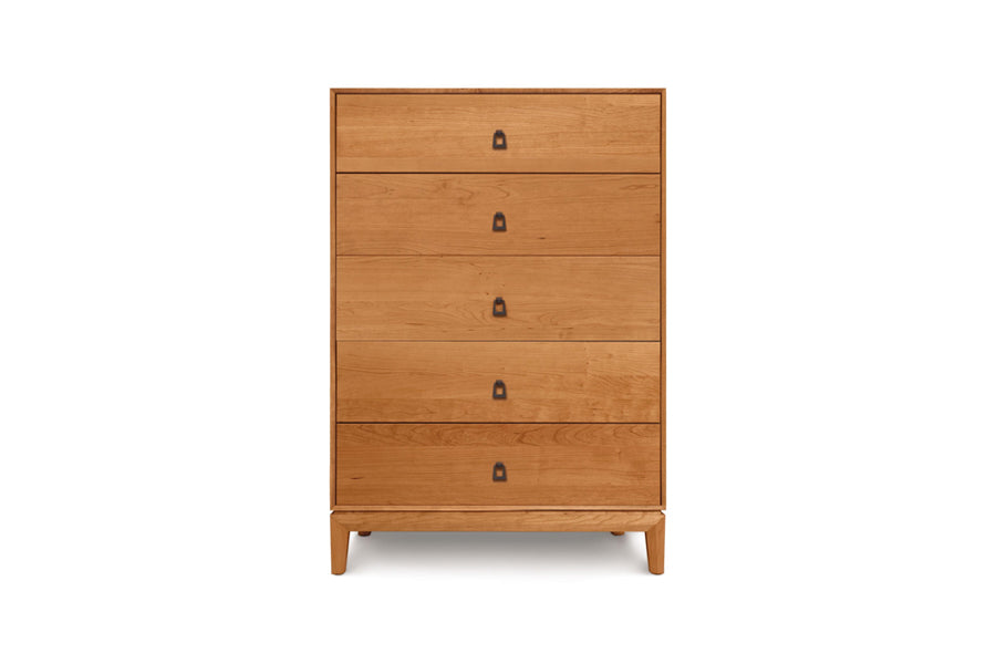 Mansfield Dresser by Copeland Furniture, showing front view of mansfield dresser in 5 drawer wide chest/natural cherry.