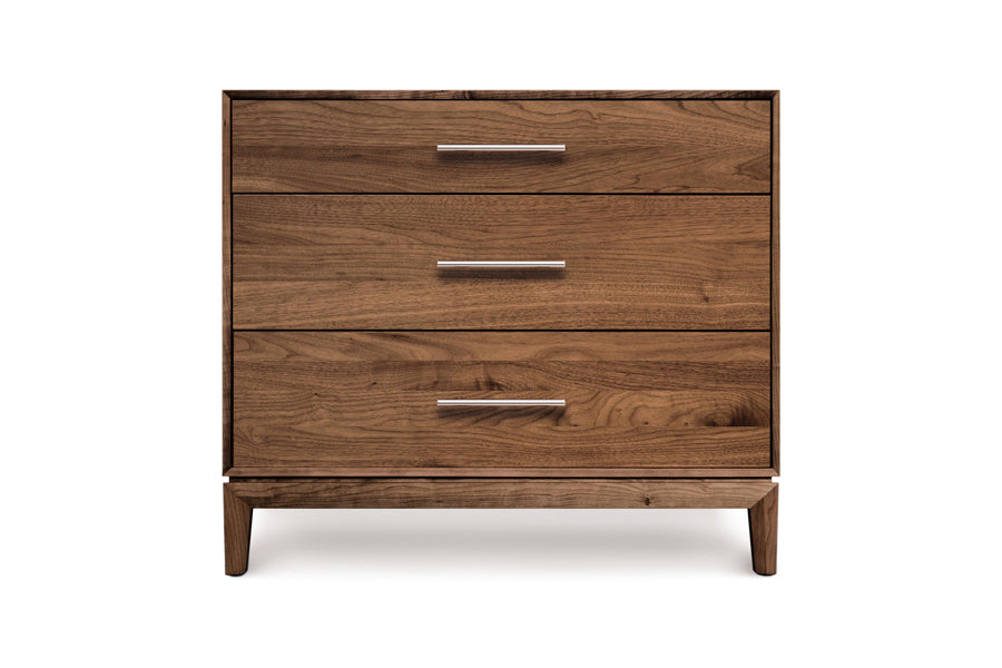 Mansfield Dresser by Copeland Furniture, showing front view of mansfield dresser in 3 drawer narrow chest/natural walnut.