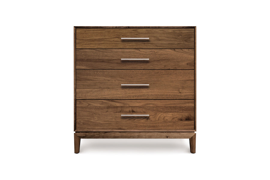 Mansfield Dresser by Copeland Furniture, showing front view of mansfield dresser in 4 drawer narrow chest/natural walnut.