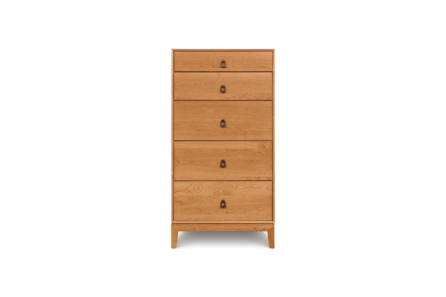 Mansfield Dresser by Copeland Furniture, showing front view of mansfield dresser in 5 drawer narow chest/natural cherry.
