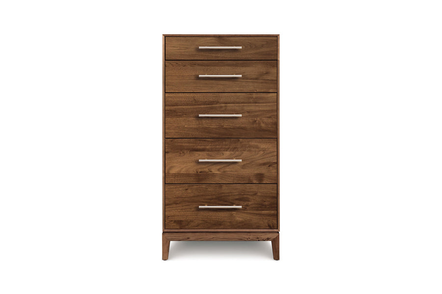 Mansfield Dresser by Copeland Furniture, showing front view of mansfield dresser in 5 drawer narrow chest/natural walnut.