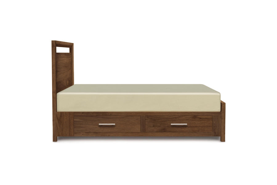 Mansfield Storage Bedroom Collection by Copeland Furniture, showing side view of mansfield storage bedroom collection in 49" high/bed/natural walnut.