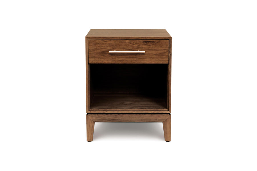 Mansfield Storage Bedroom Collection by Copeland Furniture, showing front view of mansfield storage bedroom collection in 1 drawer nightstand/natural walnut.
