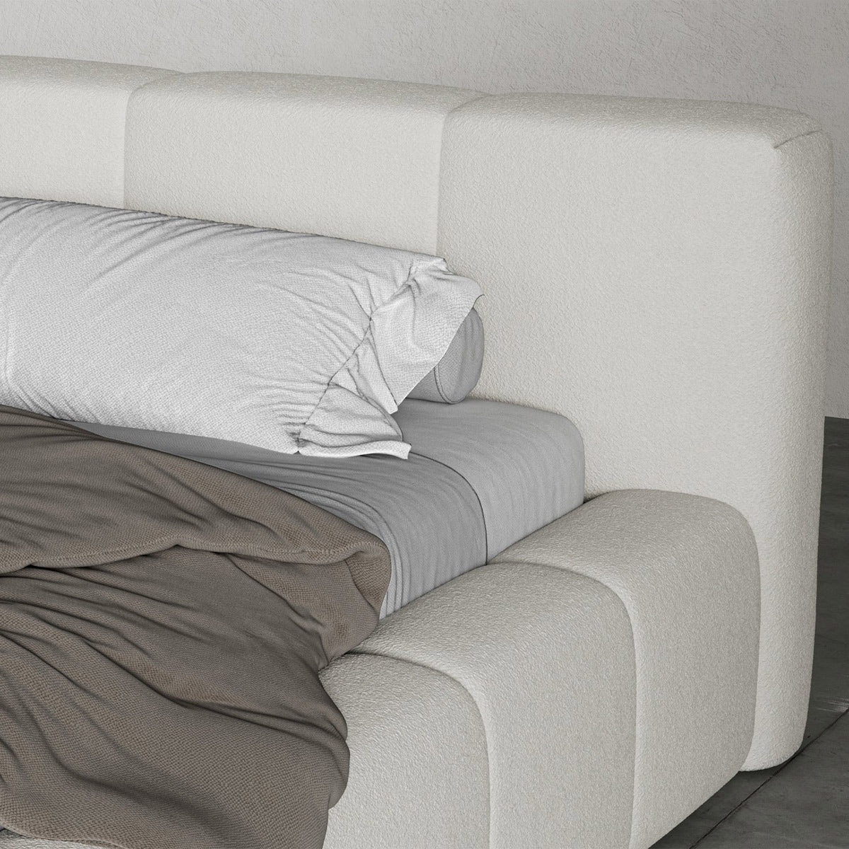 Maren Bed by Viesso, showing closeup view of maren bed in live shot.