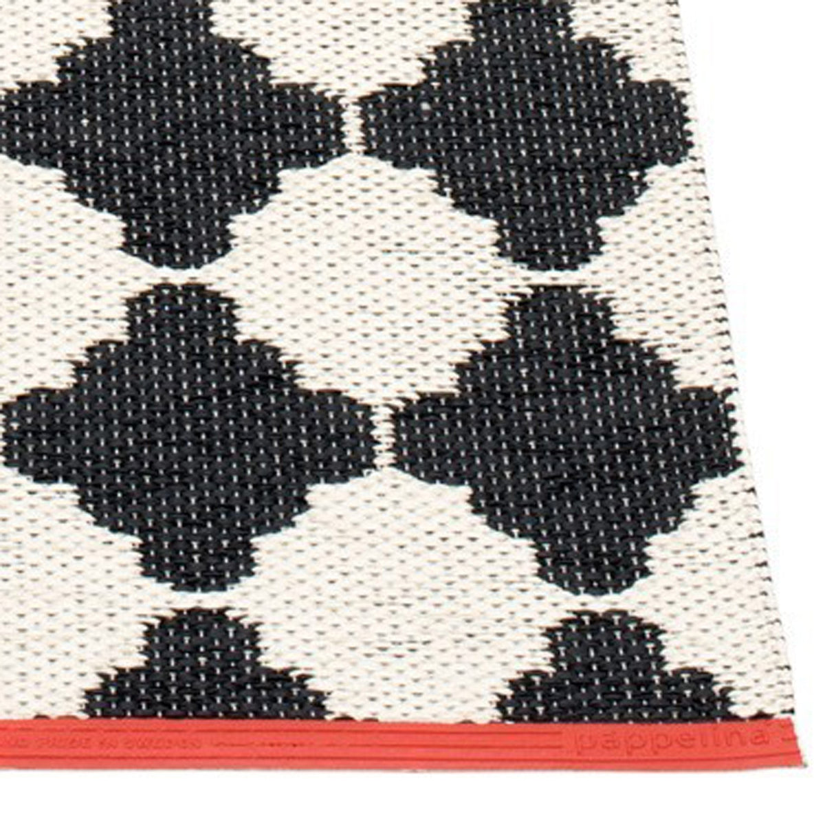 Marre Black & Vanilla with Coral Red Stripe Runner Rug by Pappelina, showing closeup view of marre black & vanilla with coral red stripe runner rug.