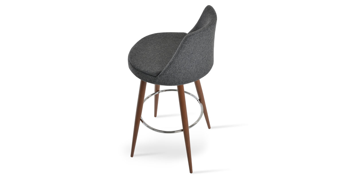 Martini Ana Stool by SohoConcept, showing back view of martini ana stool in walnut veneer steel with chrome ring and footrest/camira blazer dark grey wool.