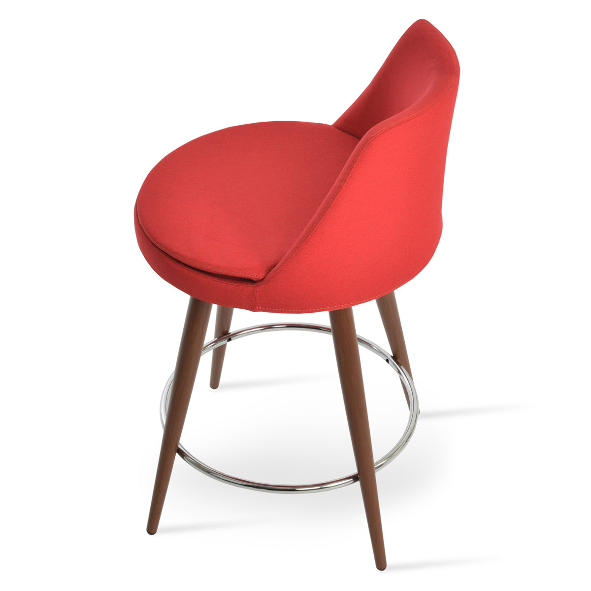 Martini Ana Stool by SohoConcept, showing side view of martini ana stool in walnut veneer steel with chrome ring and footrest/camira era red fabric.