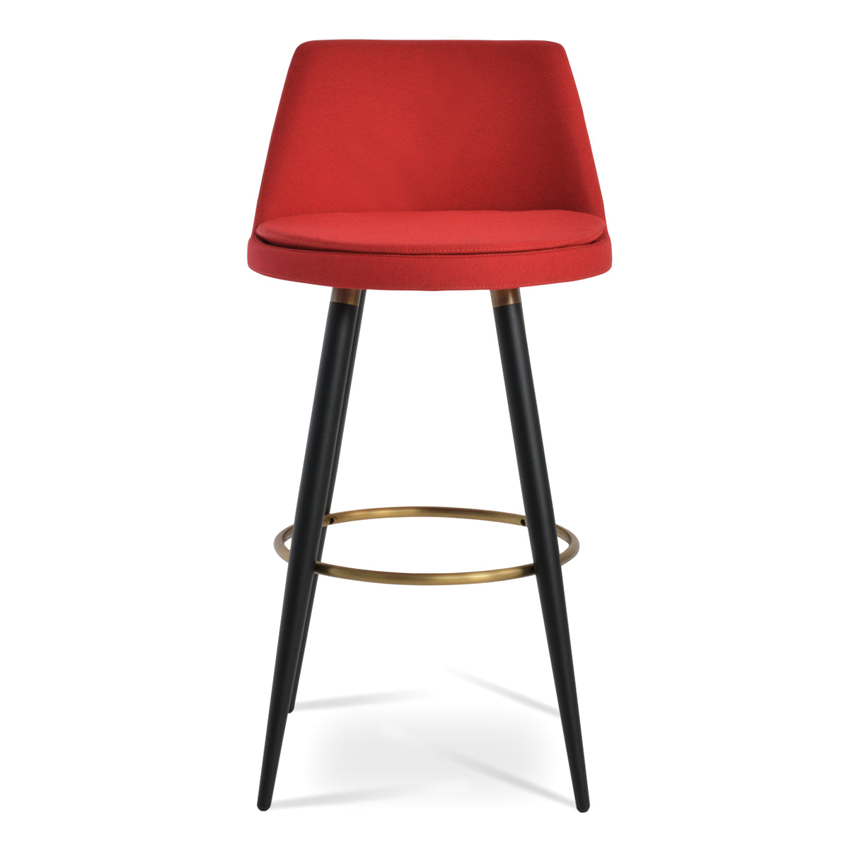 Martini Ana Stool by SohoConcept, showing front view of martini ana stool in black powder steel with brass ring and footrest/camira era red fabric.