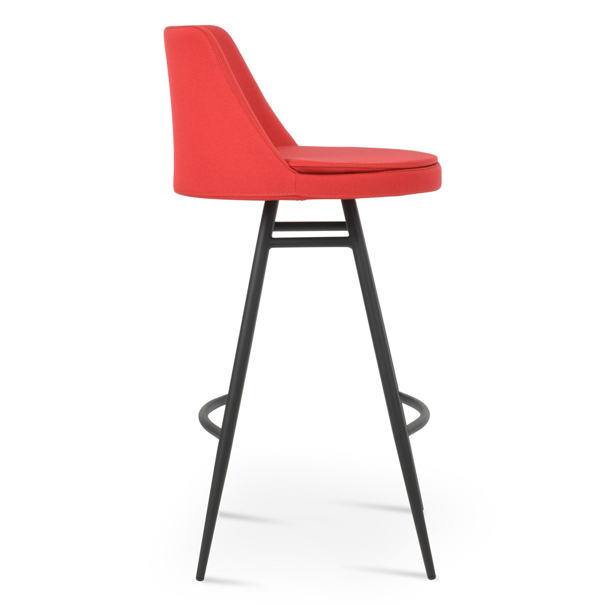 Martini Galata Stool by SohoConcept, showing side view of martini galata stool in bar/black powder/camira era red fabric.
