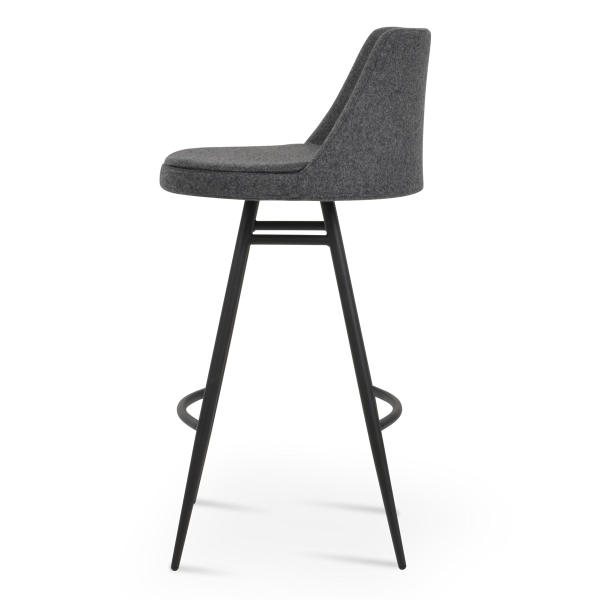 Martini Galata Stool by SohoConcept, showing side view of martini galata stool in bar/black powder/camira blazer dark grey wool.