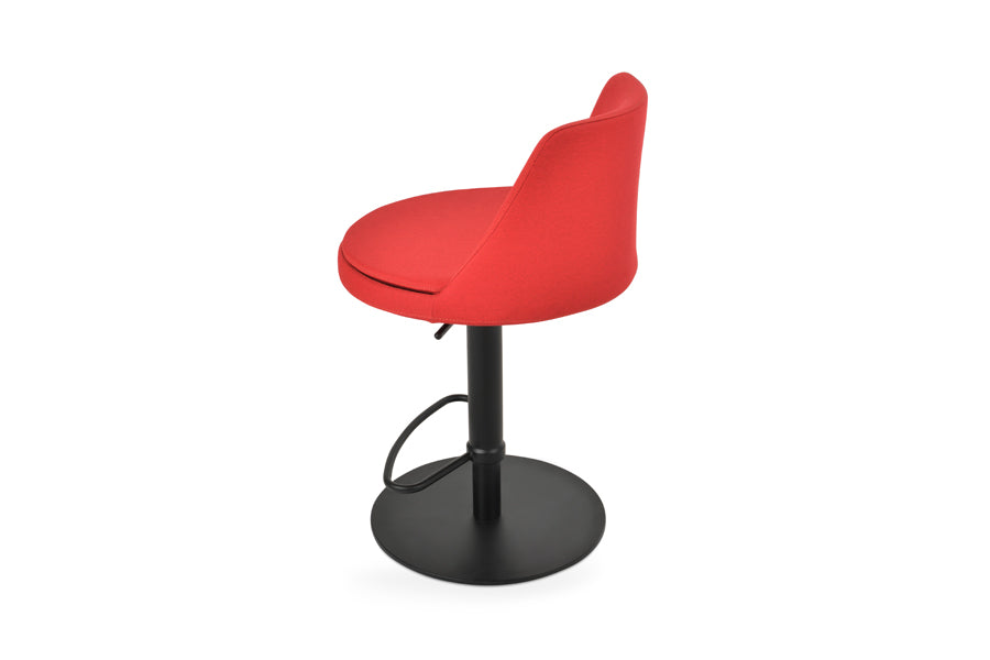 martini piston stool by sohoconcept, showing back view of martini piston stool in half footrest black stainless steel round base/camira era red fabric.