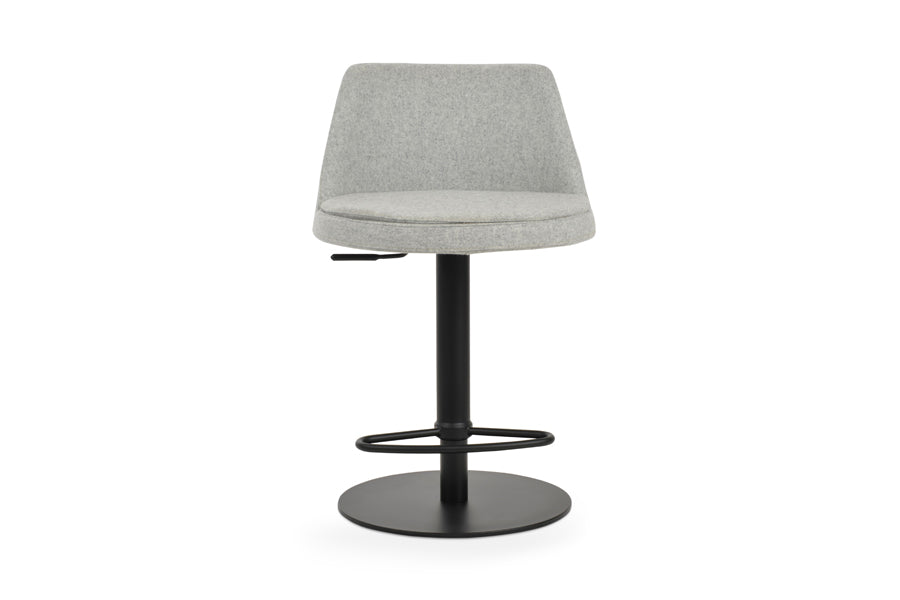 martini piston stool by sohoconcept, showing front view of martini piston stool in half footrest black stainless steel round base/camira blazer silver wool.