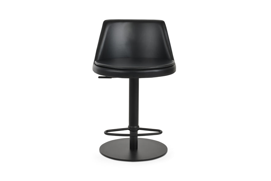 martini piston stool by sohoconcept, showing front view of martini piston stool in half footrest black stainless steel round base/black-a ppm.
