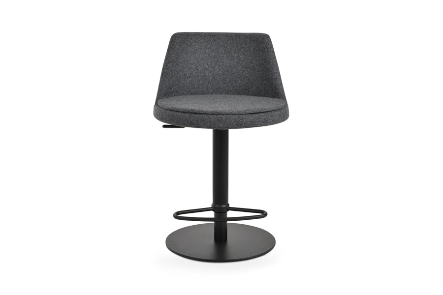 martini piston stool by sohoconcept, showing front view of martini piston stool in half footrest black stainless steel round base/camira blazer dark grey wool.