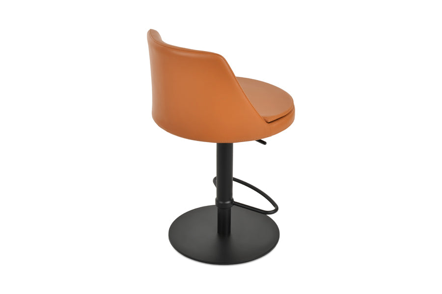 martini piston stool by sohoconcept, showing back view of martini piston stool in half footrest black stainless steel round base/caramel ppm.