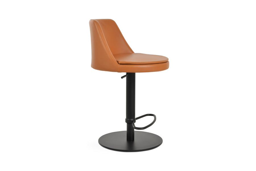 martini piston stool by sohoconcept, showing side view of martini piston stool in half footrest black stainless steel round base/caramel ppm.