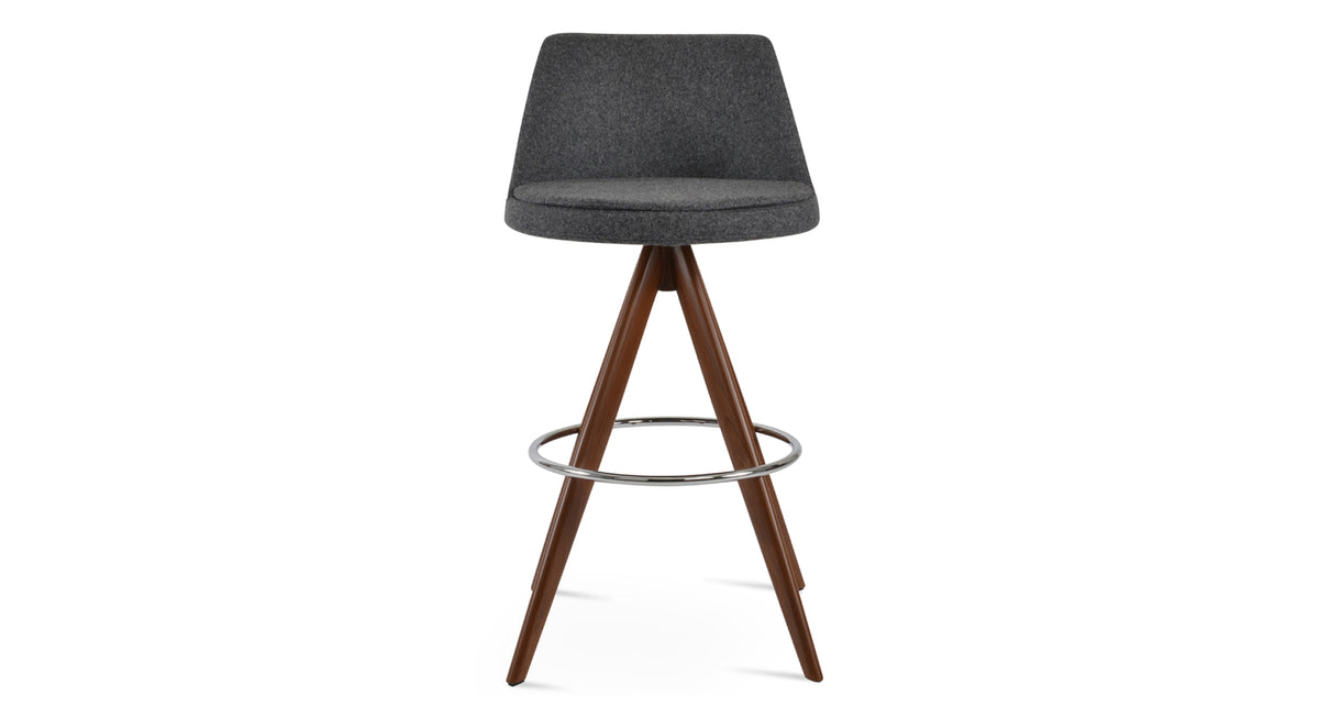 Martini Pyramid MW Swivel Stool by SohoConcept, showing front view of martini pyramid mw swivel stool in bar/walnut veneer steel with chrome footrest/camira blazer dark grey wool.