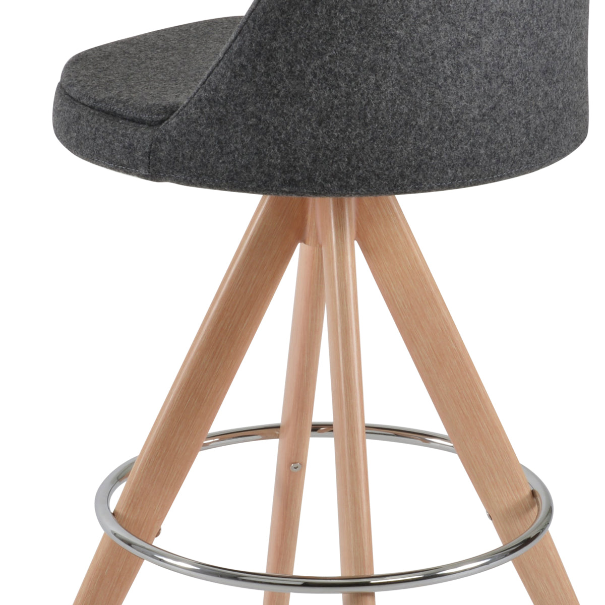 Martini Pyramid MW Swivel Stool by SohoConcept, showing closeup view of martini pyramid mw swivel stool in bar/natural veneer steel with chrome footrest/camira blazer dark grey wool.