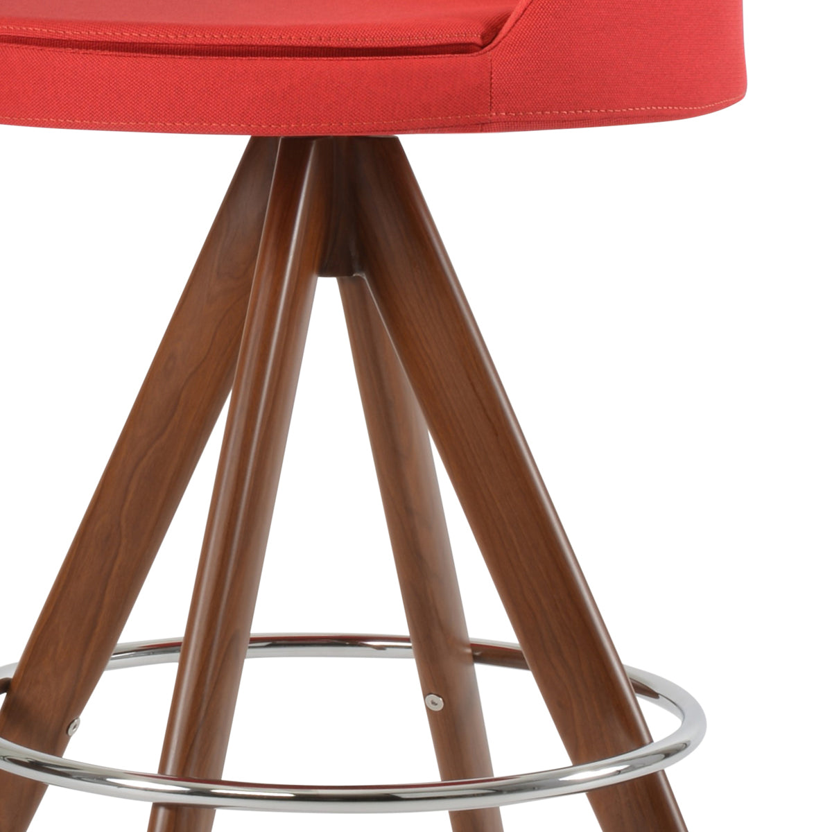 Martini Pyramid MW Swivel Stool by SohoConcept, showing closeup view of martini pyramid mw swivel stool in bar/walnut veneer steel with chrome footrest/camira era red fabric.