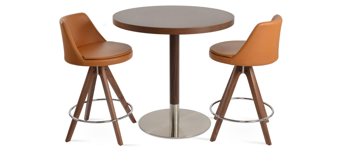 Martini Pyramid Swivel Stool by SohoConcept, showing martini pyramid swivel stools in original american walnut wood/caramel ppm with table.