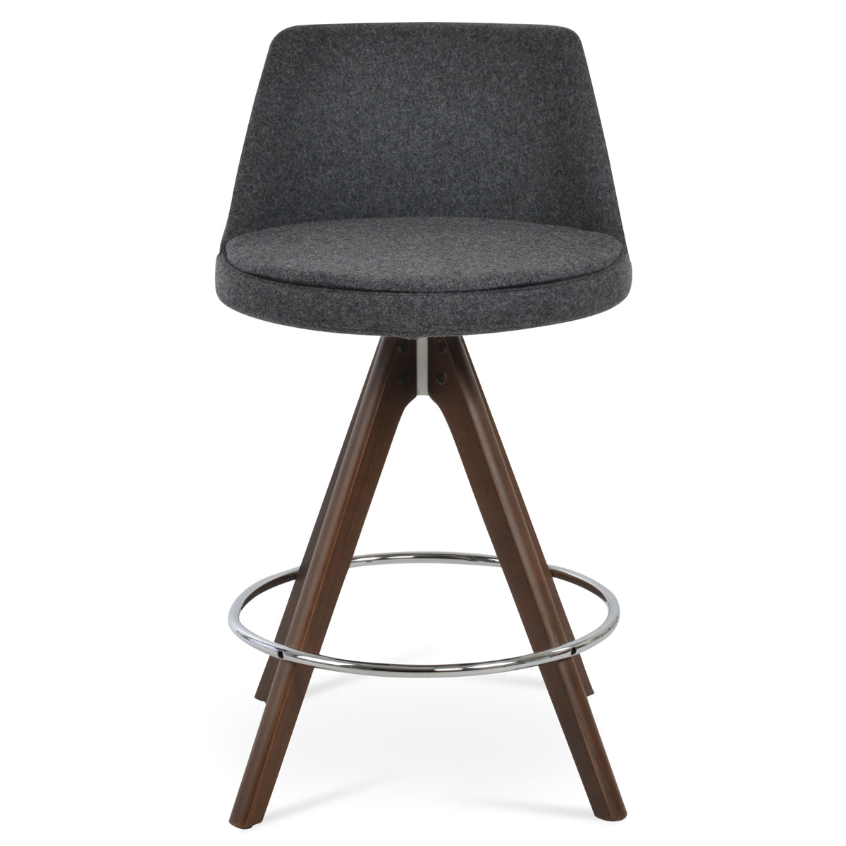Martini Pyramid Swivel Stool by SohoConcept, showing front view of martini pyramid swivel stool in original american walnut wood/camira blazer dark grey wool.