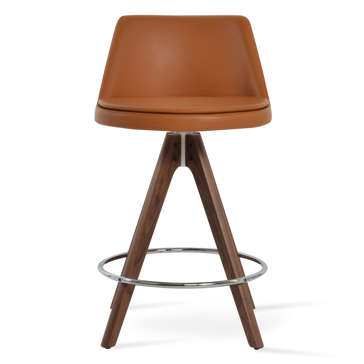 Martini Pyramid Swivel Stool by SohoConcept, showing front view of martini pyramid swivel stool in original american walnut wood/caramel ppm.