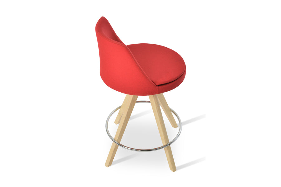 Martini Pyramid Swivel Stool by SohoConcept, showing back view of martini pyramid swivel stool in original natural ash wood/camira era red fabric.