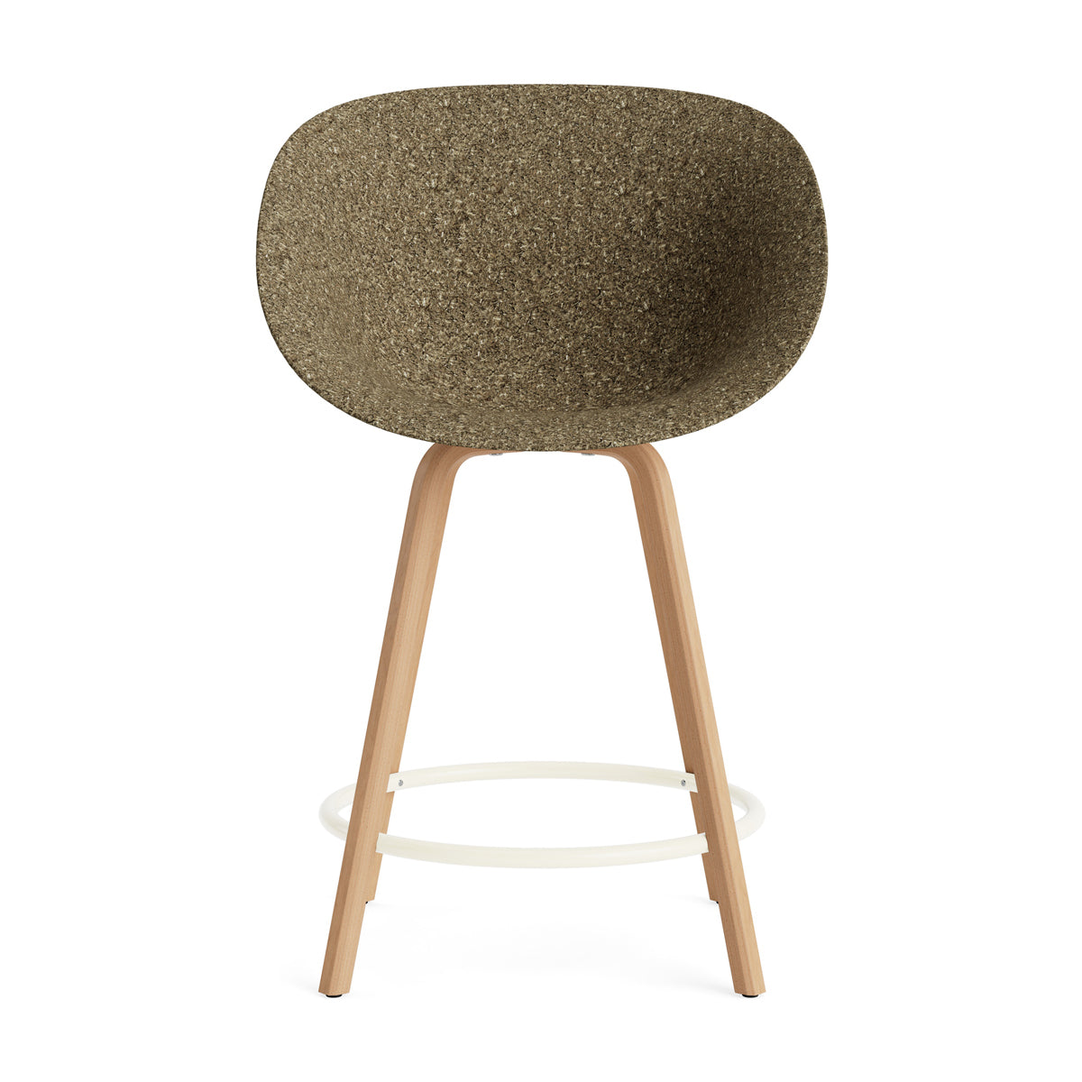 Mat 39.37" Bar Armchair by Normann Copenhagen, showing front view of mat 39.37" bar armchair in beech plywood legs/cream steel ring/seaweed shell/none.