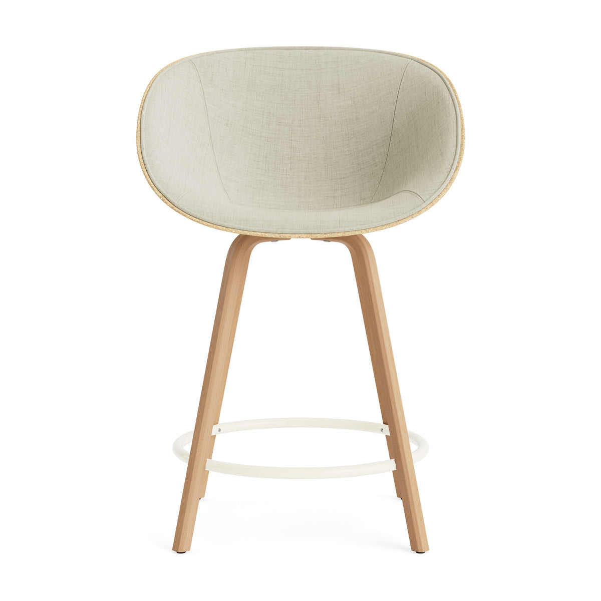 Mat 39.37" Bar Armchair by Normann Copenhagen, showing front view of mat 39.37" bar armchair in beech plywood legs/cream steel ring/hemp shell/front upholstery group 2.