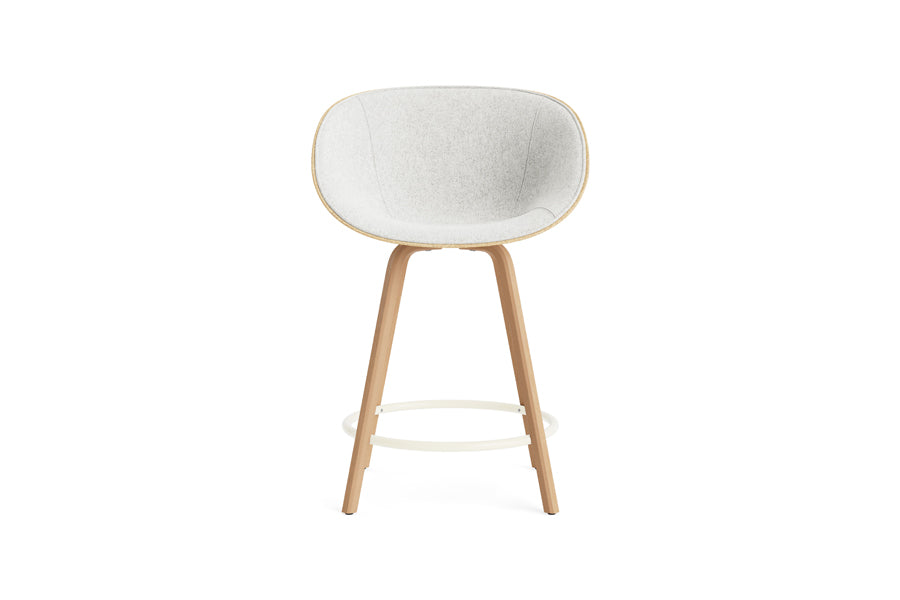 Mat 39.37" Bar Armchair by Normann Copenhagen, showing front view of mat 39.37" bar armchair in beech plywood legs/cream steel ring/hemp shell/front upholstery group 5.