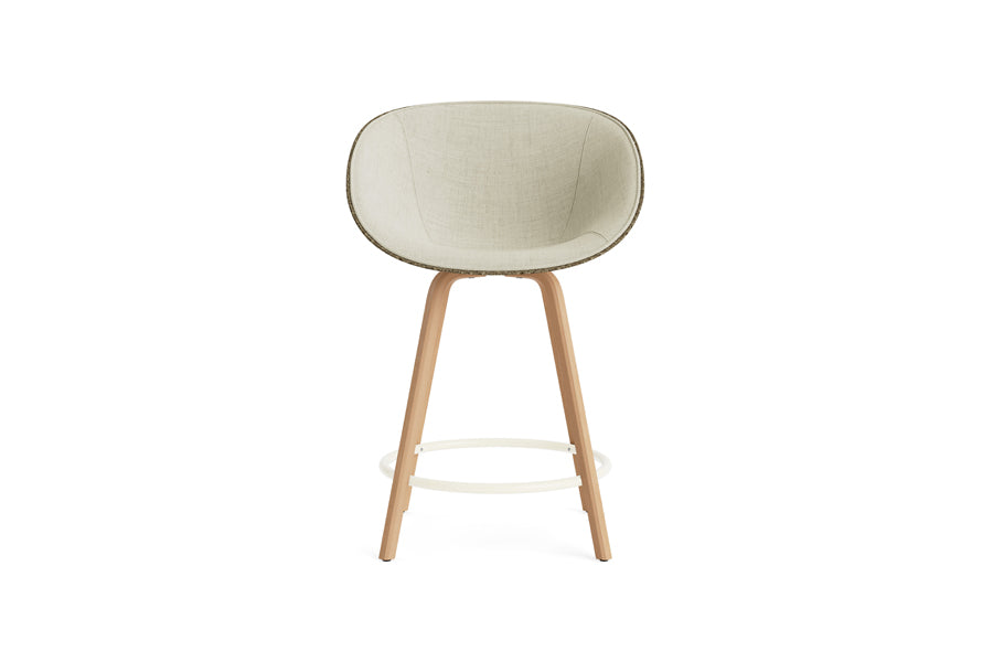 Mat 39.37" Bar Armchair by Normann Copenhagen, showing front view of mat 39.37" bar armchair in beech plywood legs/cream steel ring/seaweed shell/front upholstery group 2.