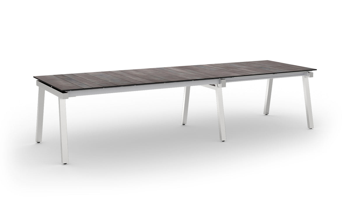 Maxximus HPL Extension Dining Table by Mamagreen - 84"-110"-135.5"(Extendable), Hairline 304 Stainless Steel, Laterite HPL.