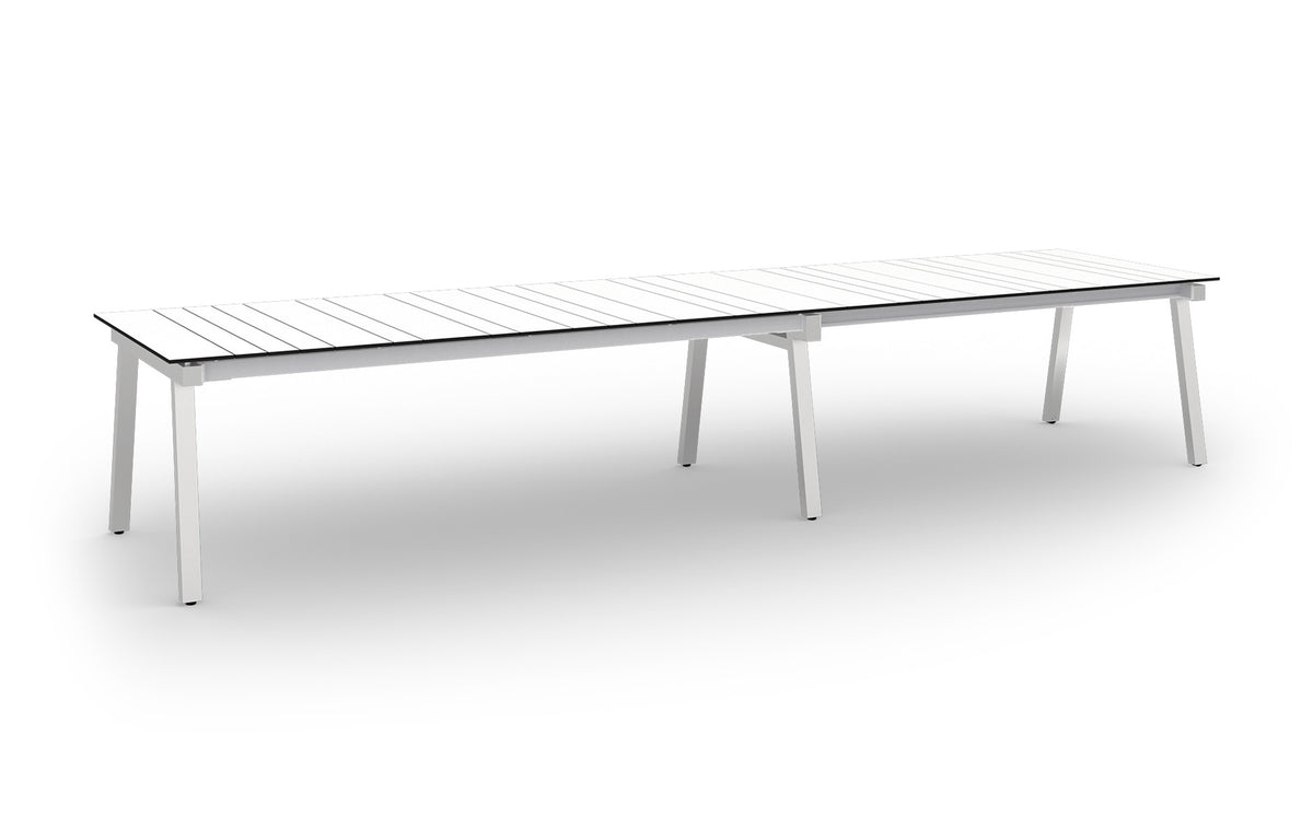 Maxximus HPL Extension Dining Table by Mamagreen - 96.5"-120"-143"-166.5"(Extendable), Hairline 304 Stainless Steel, Alpes White HPL.