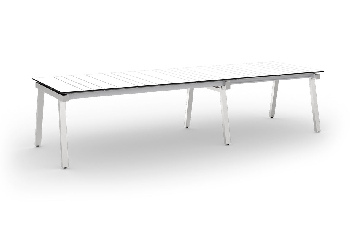 Maxximus HPL Extension Dining Table by Mamagreen - 84"-110"-135.5"(Extendable), Hairline 304 Stainless Steel, Alpes White HPL.