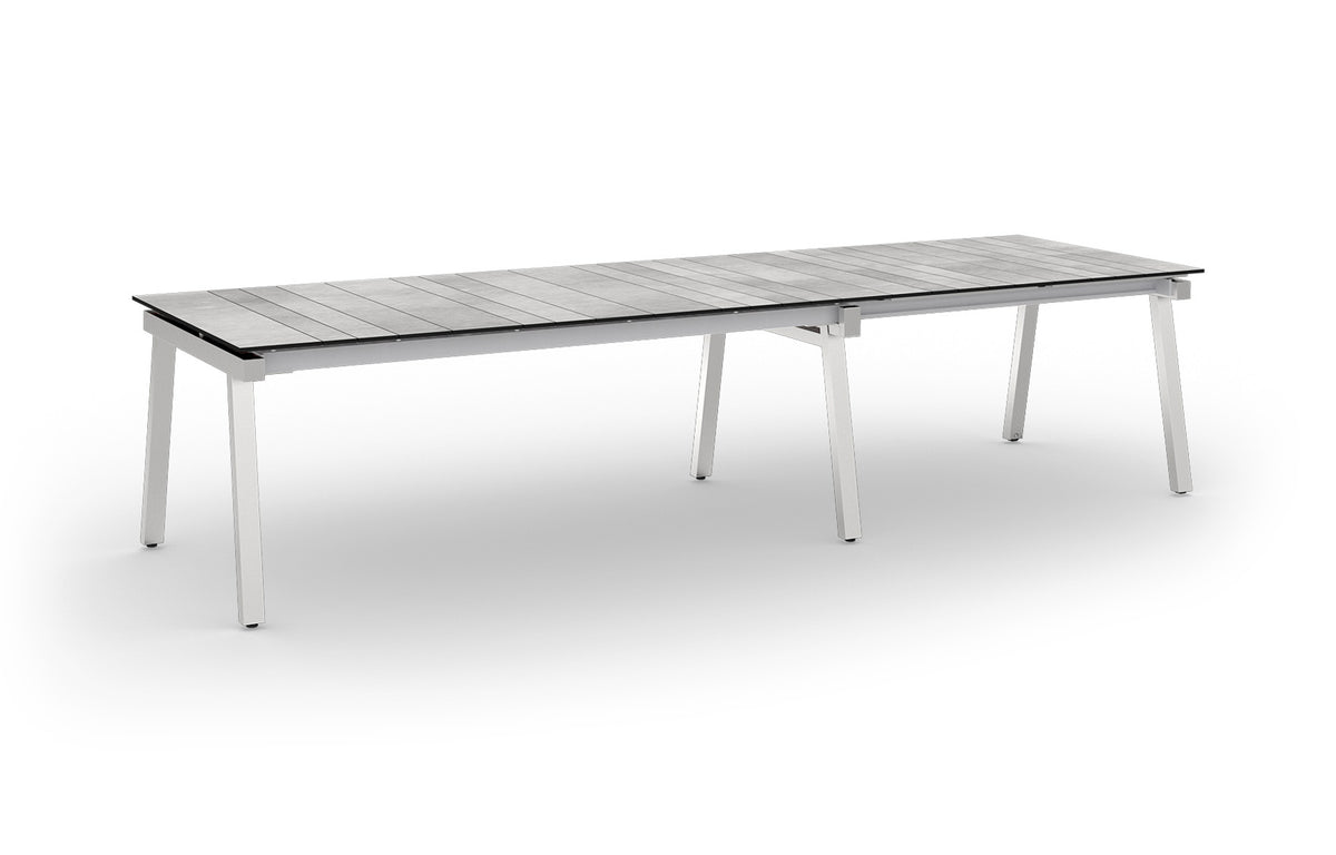 Maxximus HPL Extension Dining Table by Mamagreen - 84"-110"-135.5"(Extendable), Hairline 304 Stainless Steel, Scratched Grey HPL.