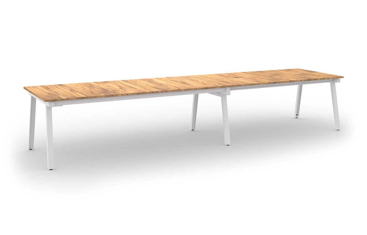 Maxximus Teak Extension Dining Table by Mamagreen - 96.5"-120"-143"-166.5"(Extendable), Urban White Gloss Galvanized Steel, Smooth Sanded Premium Teak Wood.