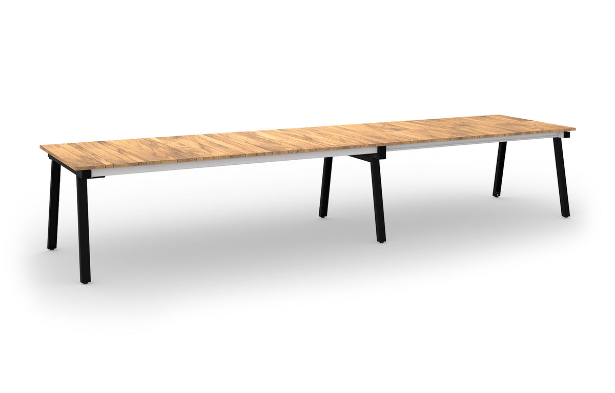 Maxximus Teak Extension Dining Table by Mamagreen - 96.5"-120"-143"-166.5"(Extendable), Ink Black Gloss Galvanized Steel, Smooth Sanded Premium Teak Wood.